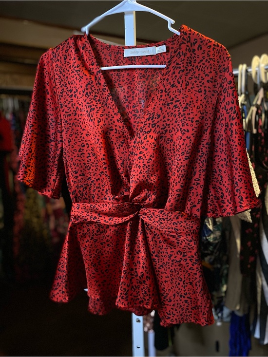 bishop + young Other - bishop + young Red & Black Leopard-Print Satin Wrap Blouse